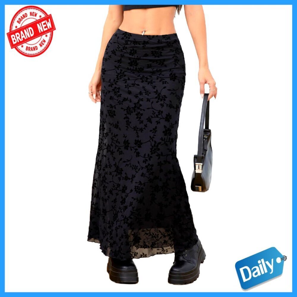Floral Mesh Long Skirt Low Waist Flare Hem Fishtail Y2K Style